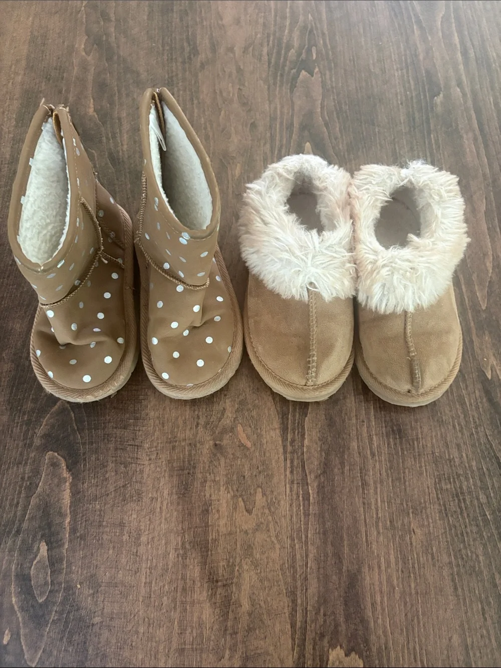 Kids Tan Faux-Shearling Boots - Cozy Slip-On & Polka Dot Styles